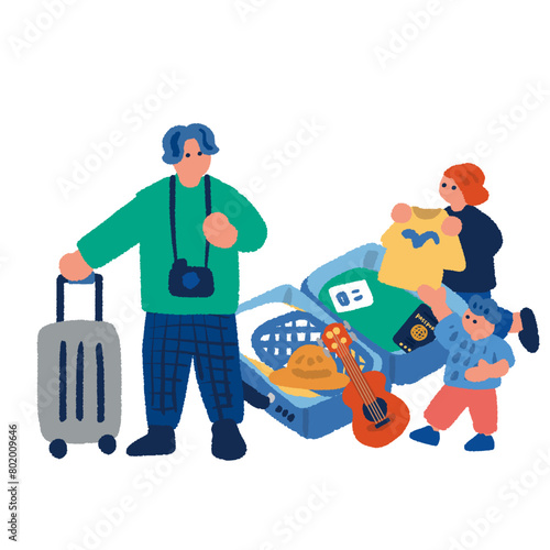 開いたトランクと旅行準備をする家族のイラスト
