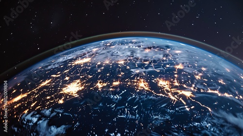 Visualize a glowing desk globe representing the Earth suspended in a starry black sky, with the continent of America prominently illuminated.  photo