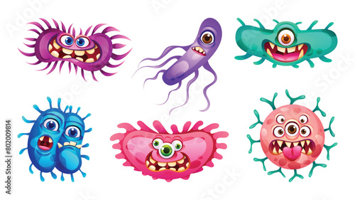 Set of bacteria, viruses and germs cartoon character with funny faces. Microscopic cell illness, bacterium and microorganism. Vector illustration