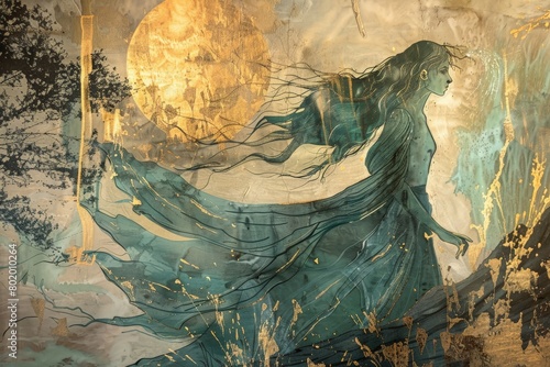 Mystical and ethereal artwork depicting a beautiful woman with flowing hair and dress, set against a backdrop of the sunset and an ancient forest © Ahmed