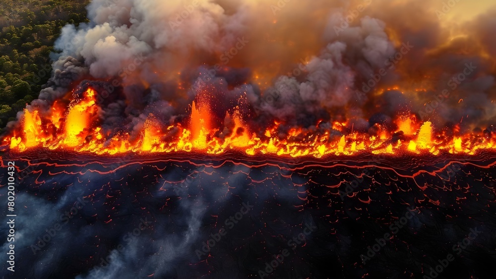 Warning of Climate Change Impact: Volcanic Activity Leading to Floods and Fires on Earth. Concept Climate Change, Volcanic Activity, Floods, Fires, Earth Impacts Warning of Climate Change Impact: Volcanic Activity Leading to Floods and Fires on Earth. Concept Climate Change, Volcanic Activity, Floods, Fires, Earth Impacts