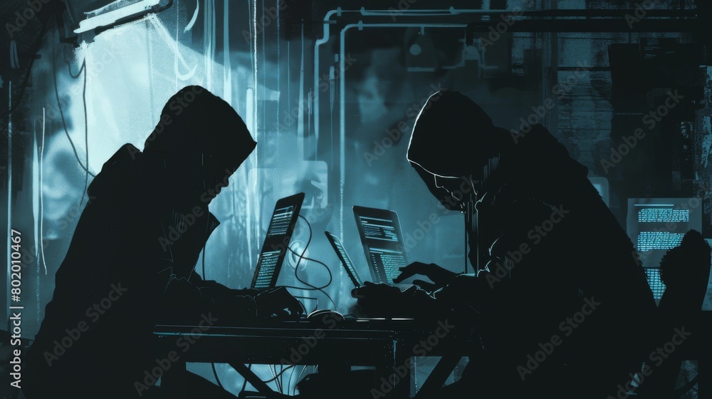 Shadowy silhouettes of cybercriminals at work, representing hackers and troll farms, with a dark, ominous backdrop suggesting online threats and cyber warfare Shadowy silhouettes of cybercriminals at work, representing hackers and troll farms, with a dark, ominous backdrop suggesting online threats and cyber warfare