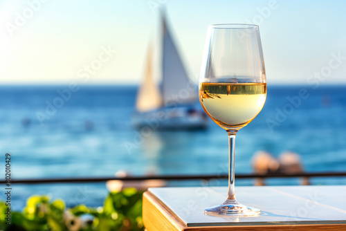 a glass of white wine is on the table. in the background there is the sea and the sail of a yacht in the distance.