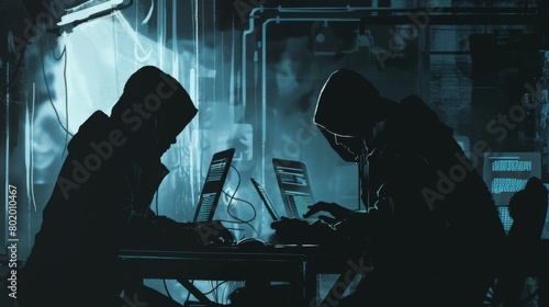 Shadowy silhouettes of cybercriminals at work, representing hackers and troll farms, with a dark, ominous backdrop suggesting online threats and cyber warfare photo