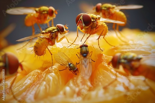Fruit Flies Swarming Around Ripe Citrus Fruit in Dynamic Close-Up