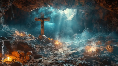 A cross in a cave in the sun and dust The concept of Jesus rising from the tomb