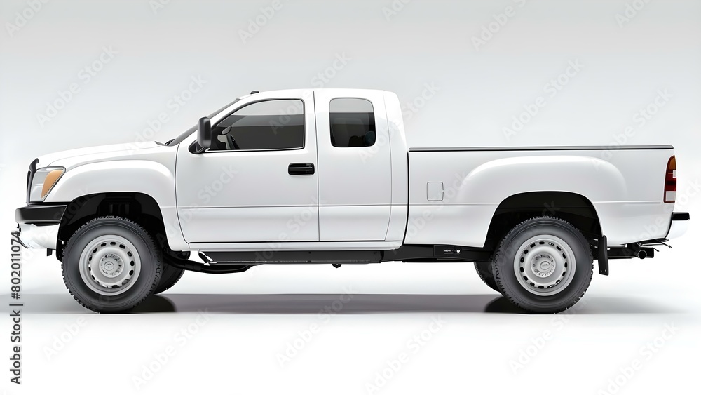 Obraz premium White pickup truck side view on white background ideal for mockups. Concept Mockup Photography, Vehicle Mockup, Pickup Truck Mockup, Commercial Vehicles, Side View Shot