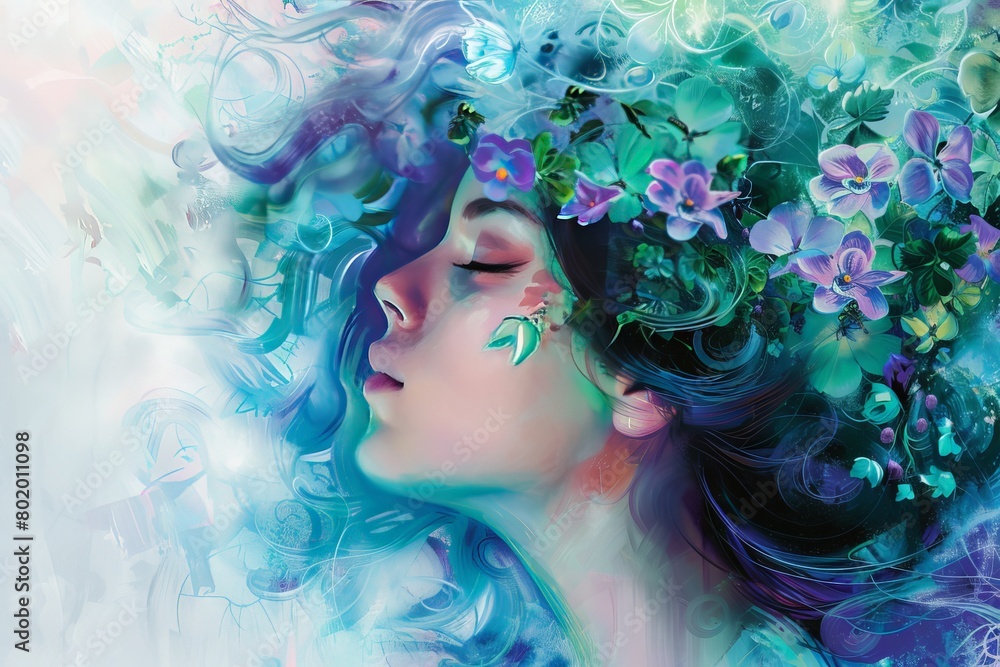 Side profile painting of a woman with her eyes closed. Intricately intertwine her hair with vibrant blue and green flowers to create an ethereal and artistic appearance Side profile painting of a woman with her eyes closed. Intricately intertwine her hair with vibrant blue and green flowers to create an ethereal and artistic appearance
