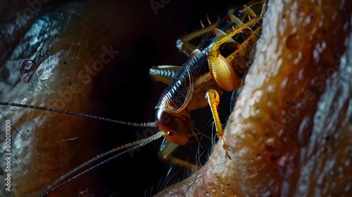Dramatic Earwig Crawling from Darkness in Surreal Close-Up Photography
