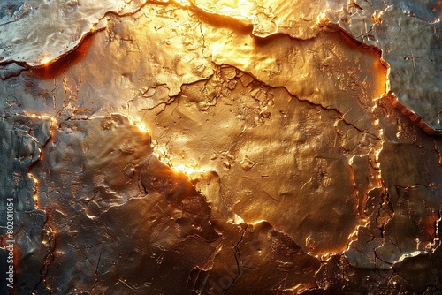 Close-up view of a weathered, hammered gold plate with a dented, aged texture for a realistic background.