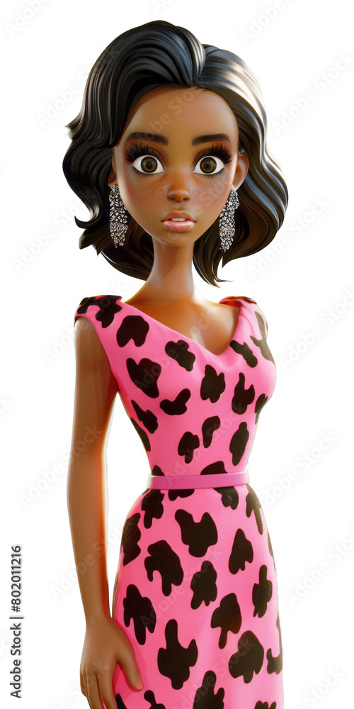 Cute fashion afro lady character in sylish animal print look on transparent background. Cute fashion afro lady character in sylish animal print look on transparent background.