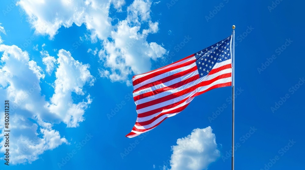 Artistic shot of the American flag on a cross-country road trip, fluttering energetically, symbolizing patriotism on a journey through diverse landscapes, isolated backdrop Artistic shot of the American flag on a cross-country road trip, fluttering energetically, symbolizing patriotism on a journey through diverse landscapes, isolated backdrop