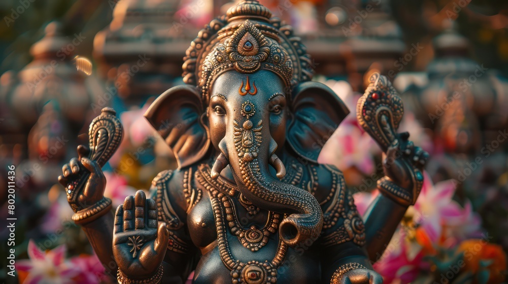 Ganesha statue Holding modaka sweets on colorful background Emphasize his role in removing obstacles.