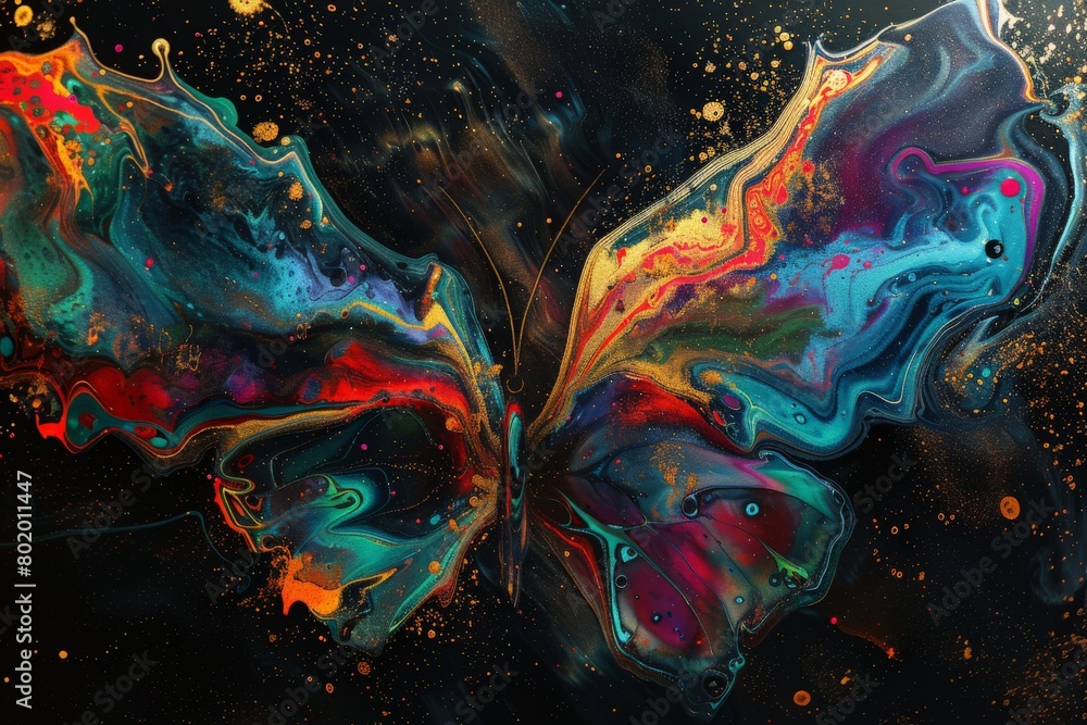 Obraz premium Neon colorful abstract painting, resembling liquid metal, set against a black background. The painting should convey an ethereal and vivid butterfly through fluid washes of color