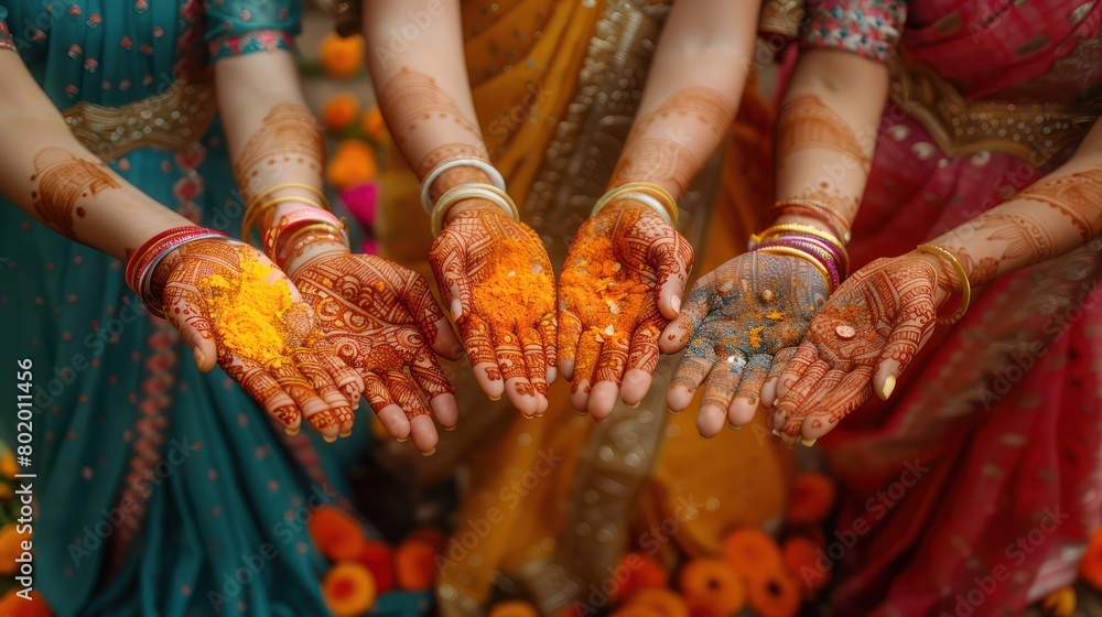 Women dressed in colorful sarees, applying henna designs on each other's hands, emphasizing the cultural aspects of Diwali.