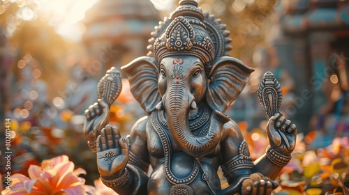 Ganesha statue Holding modaka sweets on colorful background Emphasize his role in removing obstacles.