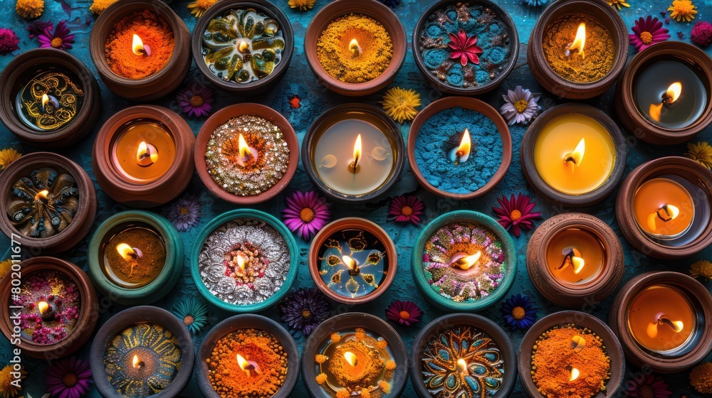 Vibrant array of lit diyas (oil lamps) arranged in intricate patterns, symbolizing the light and joy of Diwali celebrations.