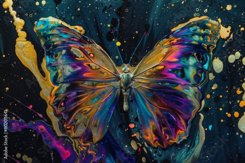 Neon colorful abstract painting, resembling liquid metal, set against a black background. The painting should convey an ethereal and vivid butterfly through fluid washes of color