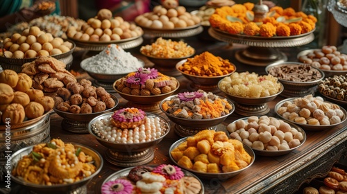 Traditional Indian sweets and dishes beautifully arranged on the table. It showcases the delicious food associated with Diwali celebrations. © bird_saranyoo
