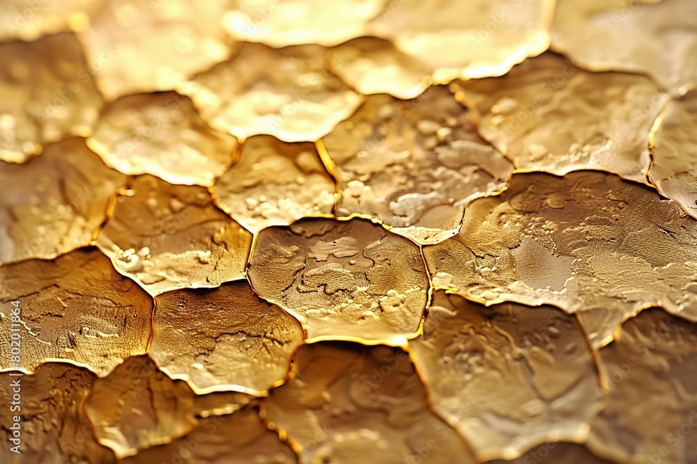 Warm light reflects off a detailed, hammered gold plate, creating a luxurious background.
