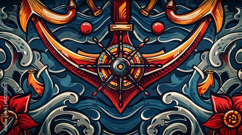 Artistic representation of a traditional tattoo with a nautical theme, including anchors and ship wheels, on an isolated backdrop, bold color palette photo