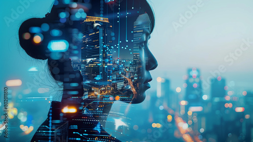 Futuristic architecture engineer using robot ai technology assistant development of modern city building structure, innovative idea efficient work teamwork dynamic blue double exposure background
