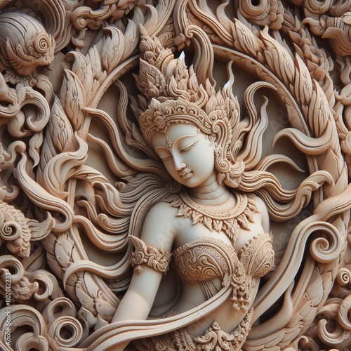Intricate Elegance: A Detailed Stone Sculpture Showcasing Ornate Floral and Swirl Patterns of Cultural Heritage © pajus