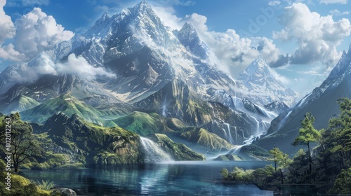 Artistic rendition of a realistic landscape tattoo, mountains and water depicted with breathtaking detail, on clear isolated background © Paul