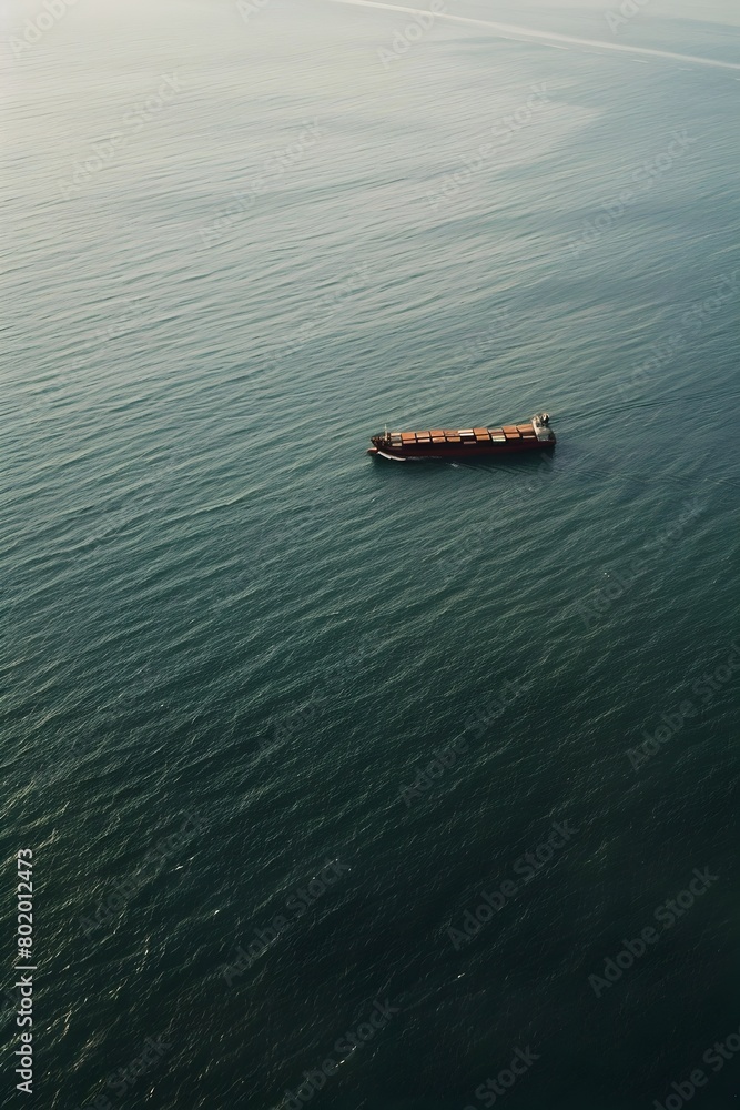 Naklejka premium Lone Cargo Vessel Traversing Vast Ocean Amid Trade Disputes