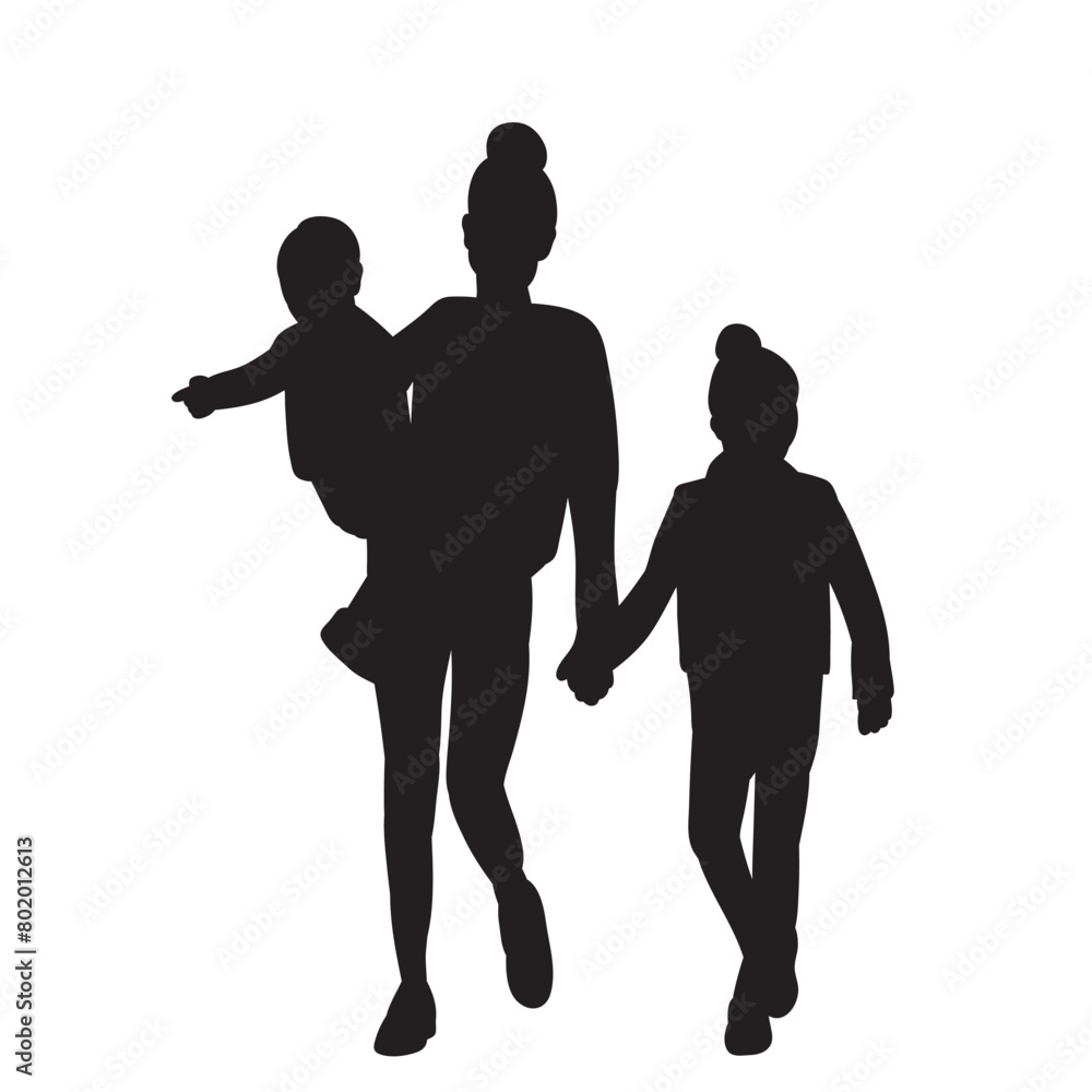 mother walks with two children silhouette on a white background vector mother walks with two children silhouette on a white background vector