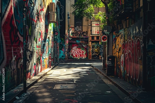 Graffiti covered alley with a few signs and graffiti on the walls © kramynina