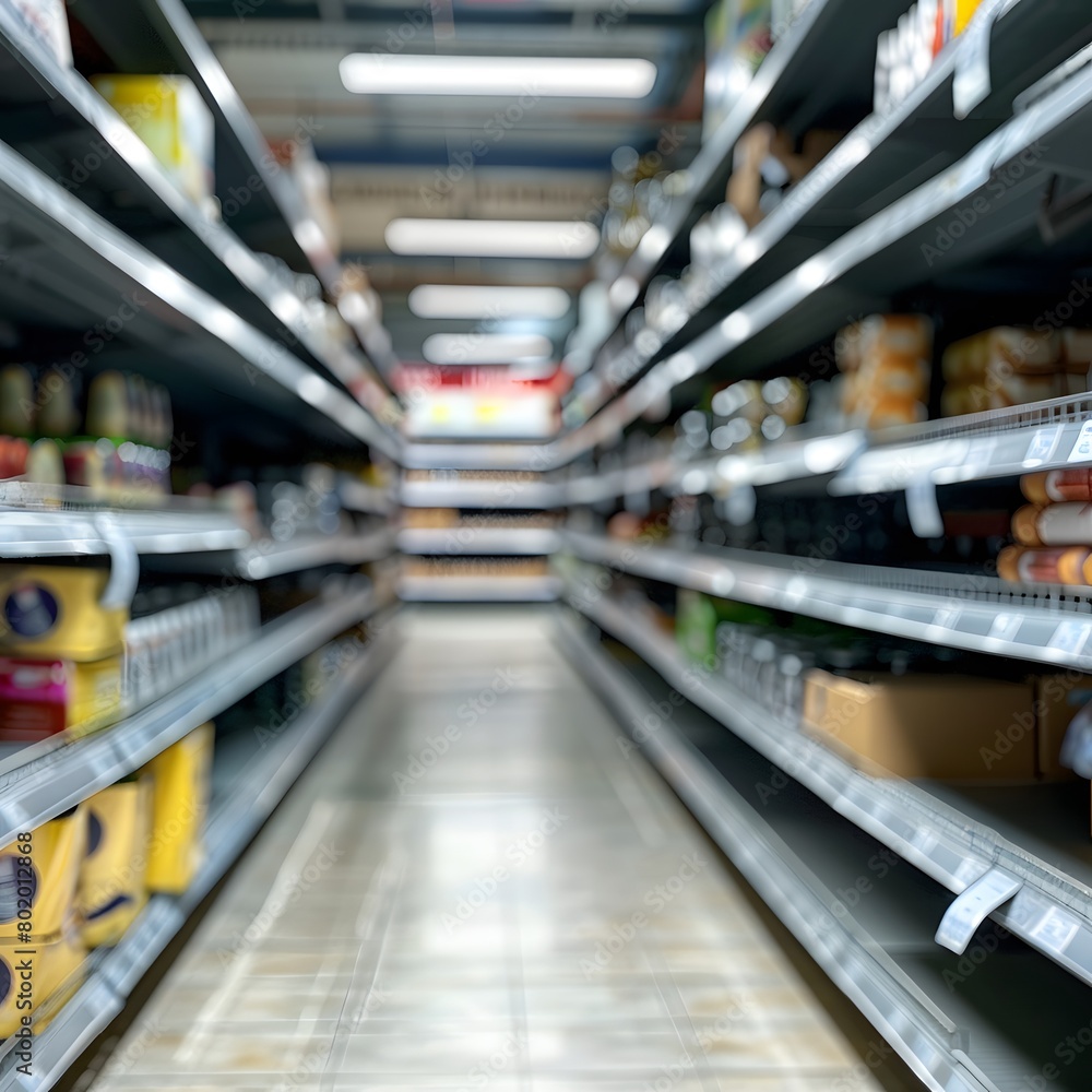 an empty shelf for product placement in the supermarket with blurred background 