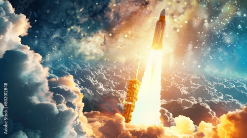 A rocket is launching into space, surrounded by clouds and stars