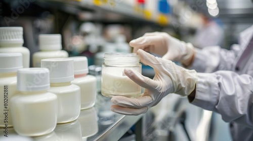 A gloved hand is holding a glass beaker with a milky white liquid in it. There are other beakers on a shelf in the background, some of which are filled with the same milky liquid.