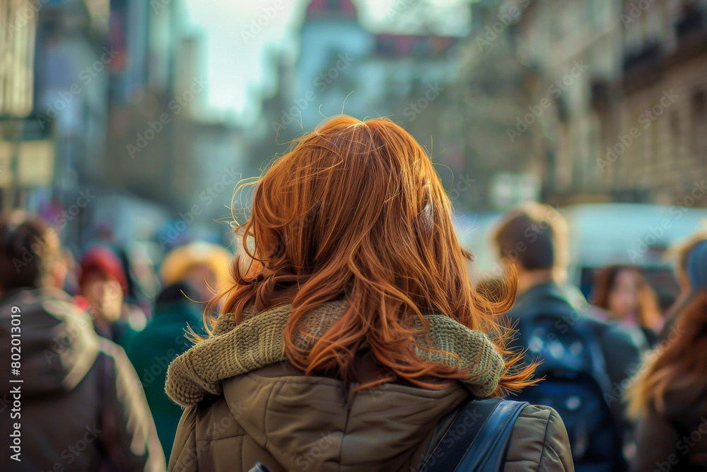 A woman with red hair is walking down a crowded street