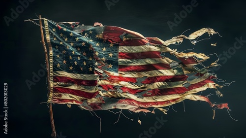 Artistic portrayal of a tattered American flag on an isolated background, representing a journey of unity and discovery across the United States