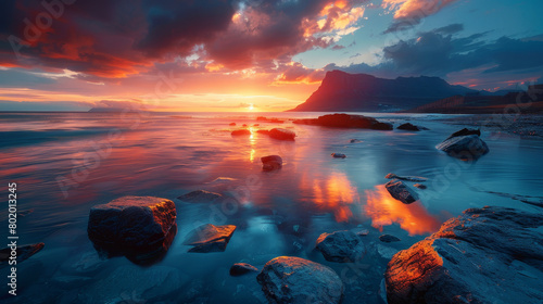 A beautiful sunset over the ocean with a rocky shoreline