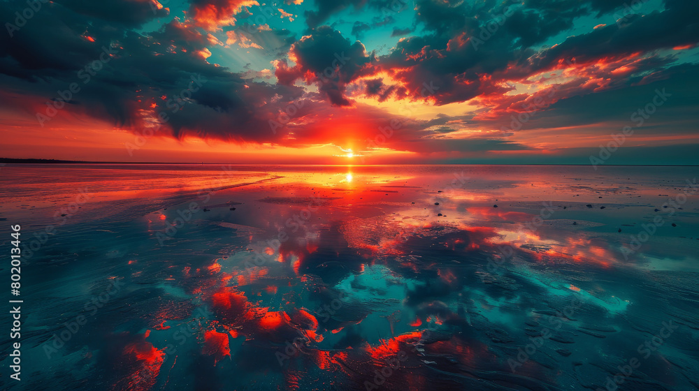 A beautiful sunset over the ocean with a reflection of the sun in the water