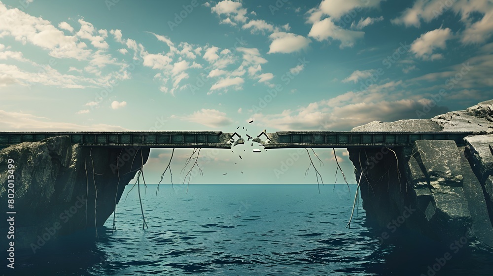 Obraz premium Fractured Bridge Symbolizing Trade Conflict Between Nations