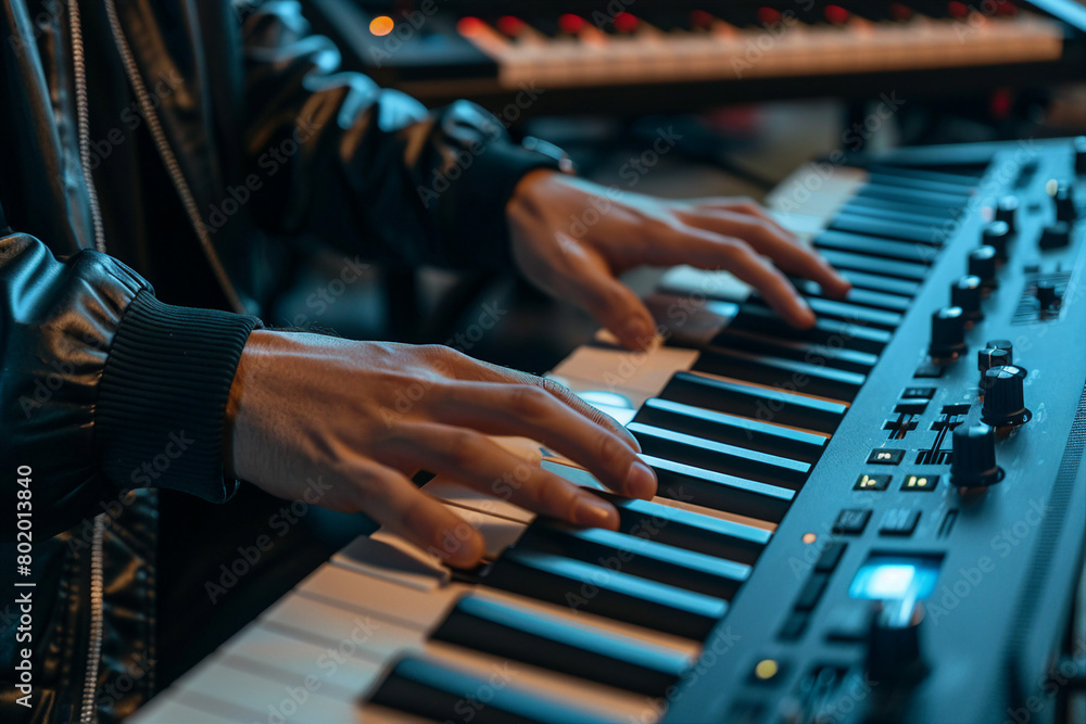 Obraz premium Close up image of person playing piano making music made by generative ai technology