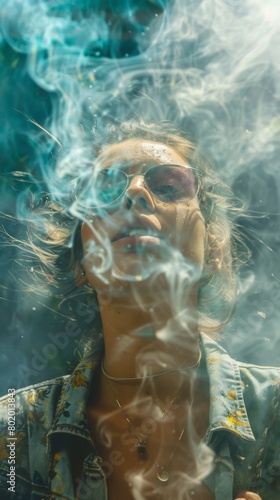 Woman smoking a cigarette with her eyes closed and her hair blowing. Verticl background 