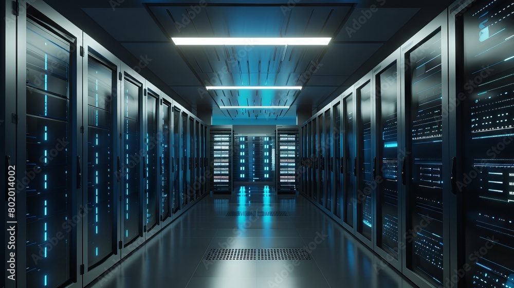 Modern Server Room with Multiple Server Racks in a Data Center Environment - 3D Illustration of High-Tech Networking Infrastructure