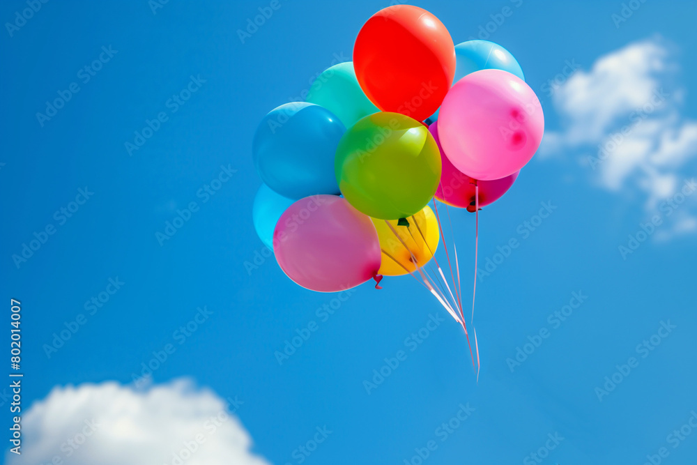 Low angle view of colorful ballons on the blue sky. High quality photo