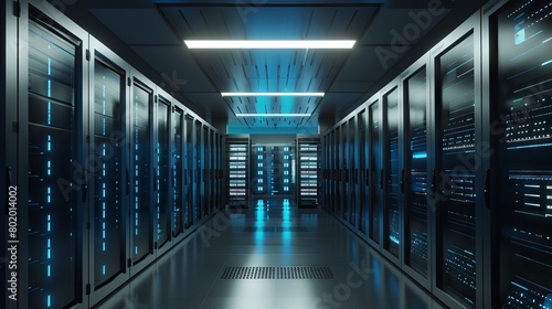 Modern Server Room with Multiple Server Racks in a Data Center Environment - 3D Illustration of High-Tech Networking Infrastructure