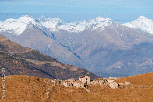 The mountains and landscape above Lake Como during a winter day, near the town of Tremezzo, Italy - December 24, 2023.