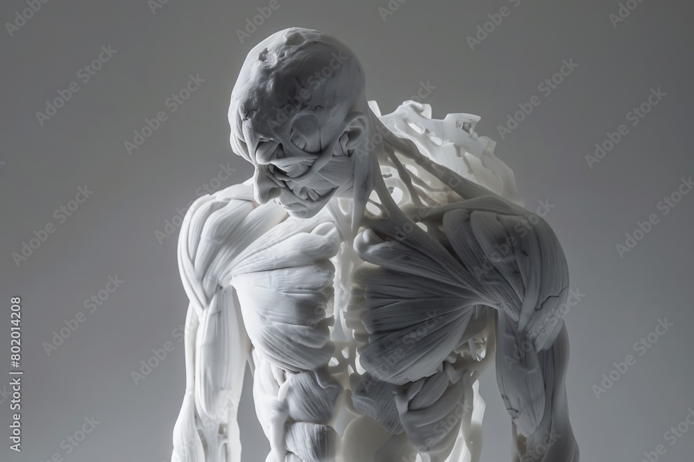 Sculpture made from ethereal luminescent marble, portraying a muscular and well-defined human body. The sculpture incorporates occasional empty spaces, revealing glimpses of the underlying skeletal st Sculpture made from ethereal luminescent marble, portraying a muscular and well-defined human body. The sculpture incorporates occasional empty spaces, revealing glimpses of the underlying skeletal st