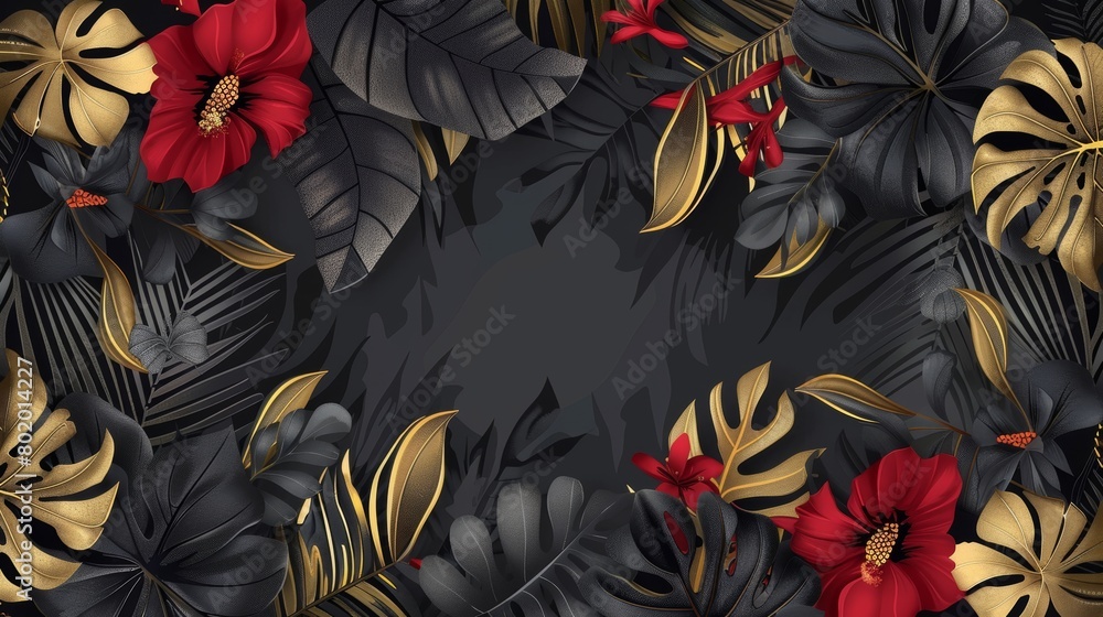 Modern poster with black gold leaves on dark gray background. Beautiful botanical design with golden smear, tropic jungle leaves, exotic red flower wedding invitation card. Modern poster with black gold leaves on dark gray background. Beautiful botanical design with golden smear, tropic jungle leaves, exotic red flower wedding invitation card.