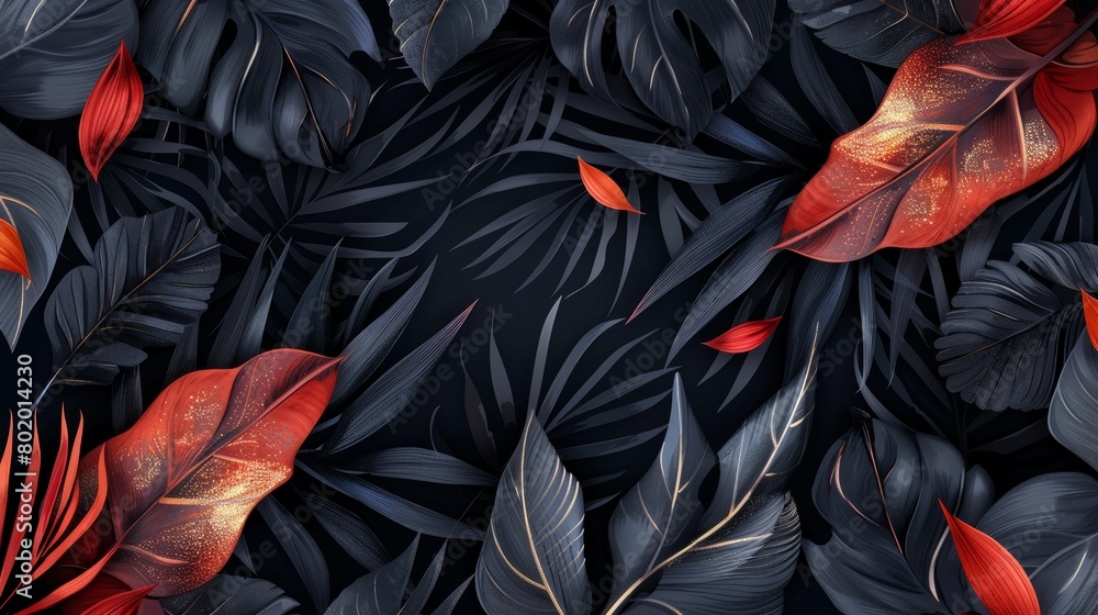 Black gold tropical leaves on dark background modern poster. Beautiful botanical design with golden smear, tropical jungle leaves, exotic red heliconia flower. Invitation card, holiday sale, party Black gold tropical leaves on dark background modern poster. Beautiful botanical design with golden smear, tropical jungle leaves, exotic red heliconia flower. Invitation card, holiday sale, party