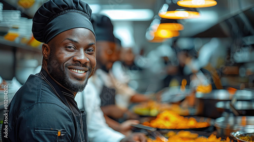 Black kitchen crew, happy, cooking, black aprons. Generative AI.