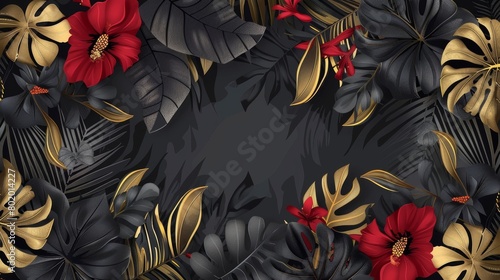 Modern poster with black gold leaves on dark gray background. Beautiful botanical design with golden smear, tropic jungle leaves, exotic red flower wedding invitation card.
